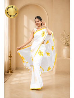 Isadora Life - Womens Floral Printed White Pre-Draped Saree with Unstitched Blouse