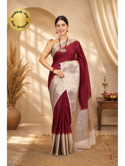 Isadora Life - Womens Woven Zari Maroon Pre-Draped Saree with Unstitched Blouse