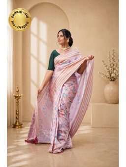 Isadora Life - Womens Floral Zari Pink Pre-Draped Saree with Unstitched Blouse