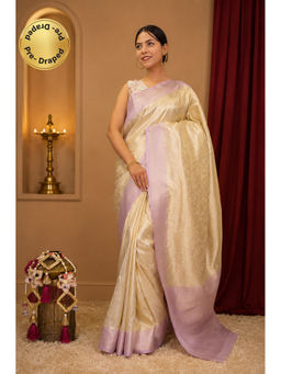 Isadora Life - Womens Woven Zari Cream Pre-Draped Saree with Unstitched Blouse