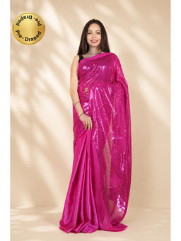 Isadora Life - Womens Sequined Pink Pre-Draped Saree with Unstitched Blouse