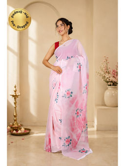 Isadora Life - Womens Floral Printed Pink Pre-Draped Saree with Unstitched Blouse