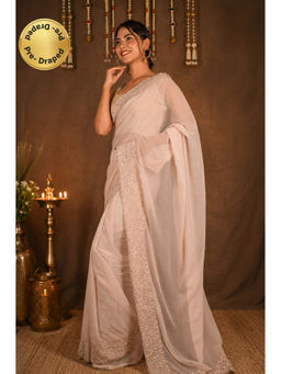Isadora Life - Womens Sequined Embroidered Beige Pre-Draped Saree with Unstitched Blouse
