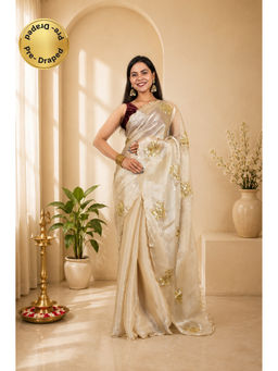 Isadora Life - Womens Sequined Ivory Pre-Draped Saree with Unstitched Blouse