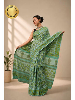 Isadora Life - Womens Floral Printed Green Pre-Draped Saree with Unstitched Blouse