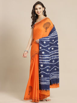 Juniper - Indigo Cotton Mulmul Bagru Print Saree With Unstitched Blouse