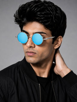 ROYAL SON - Blue Mirrored Polarized Steampunk Round Sunglasses