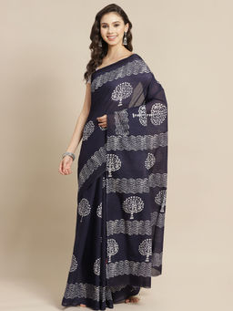 Juniper - Indigo Cotton Mulmul Bagru Hand Block Saree With Unstitched Blouse