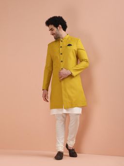 KISAH - Men Yellow Solid Dyed Indowestern Kurta with Sherwani and Churidar (Set of 3)