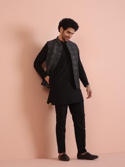 KISAH - Men Black Embroidered Kurta with Jacket and Trouser (Set of 3)