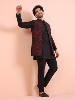 KISAH - Men Black Embroidered Kurta with Jacket and Trouser (Set of 3)