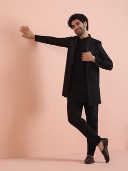 KISAH - Men Black Embellished Kurta with Jacket and Trouser (Set of 3)