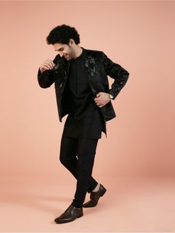 KISAH - Men Black Abstract Kurta with Bomber Jacket and Trouser (Set of 3)
