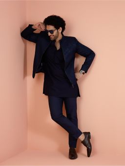 KISAH - Men Navy Blue Woven Design Kurta with Bomber Jacket and Trouser (Set of 3)