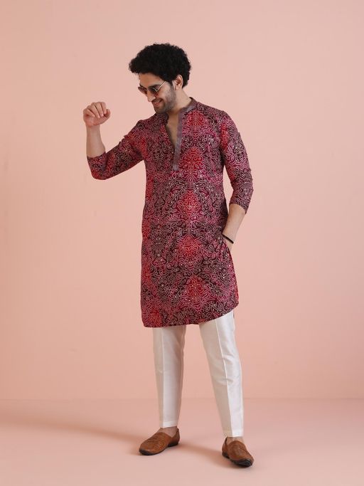KISAH Men Red Printed Kurta with Trouser (Set of 2)