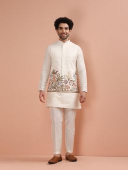 KISAH - Men Off White Embroidered Kurta with Jacket and Churidar (Set of 3)