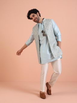 KISAH - Men Blue Textured Kurta with Jacket and Churidar (Set of 3)