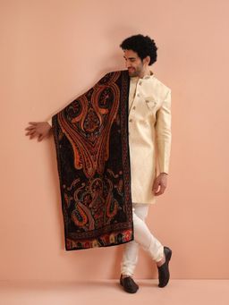 KISAH - Men Cream Woven Indowestern Sherwani with Churidar and Dupatta (Set of 3)
