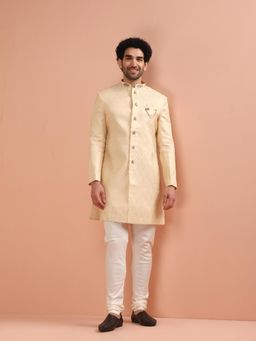 KISAH - Men Cream Woven Indowestern Sherwani with Churidar (Set of 2)