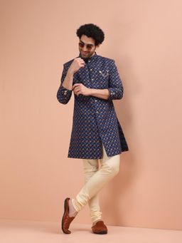 KISAH - Men Navy Blue Printed Indowestern Sherwani with Churidar (Set of 2)