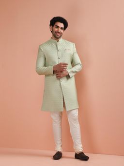 KISAH - Men Green Woven Indowestern Sherwani with Churidar (Set of 2)