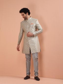 KISAH - Men Grey Woven Indowestern Sherwani with Churidar (Set of 2)