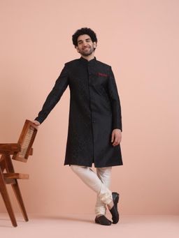 KISAH - Men Black Woven Indowestern Sherwani with Churidar (Set of 2)
