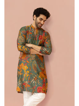 KISAH - Men Grey Floral Print Kurta