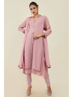 Soch - Womens Onion Pink Georgette Kurta with Churidar and Dupatta (Set of 3)