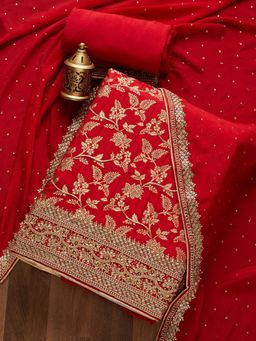 Koskii - Red Zariwork Chanderi Unstitched Salwar Suit (Set of Three)
