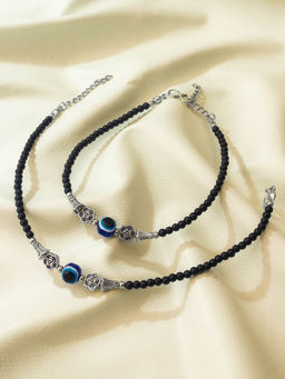 Aadita - Oxidized Black Beads with Evil Eye and Flower Pair Of Fashion Anklets for Women