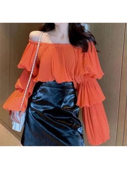 Loveable Creations By Muskan - Pleated Orange Puff Sleeves Top