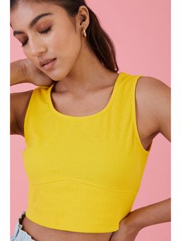 Muvazo - Yellow Cotton Lycra Textured Fitted Top