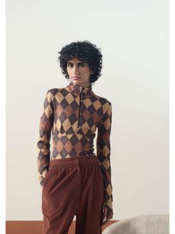 Muvazo - Brown Scuba Geometric Regular Top