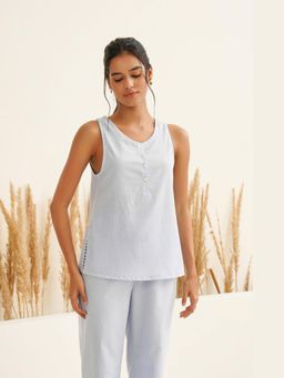 Muvazo - Blue Pure Cotton Solidlain Regular Top