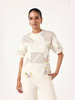 Muvazo - Beige Cotton Floral Regular Top