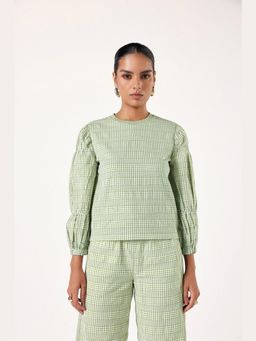 Muvazo - Green Cotton Checks Regular Top