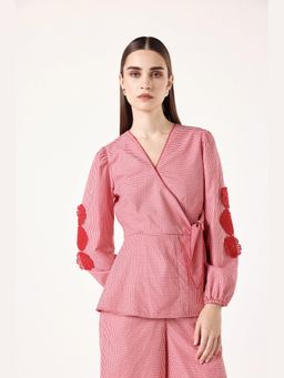 Muvazo - Red Pure Cotton Checks Wrap Top