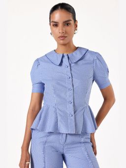 Muvazo - Blue Pure Cotton Checks Peplum Top