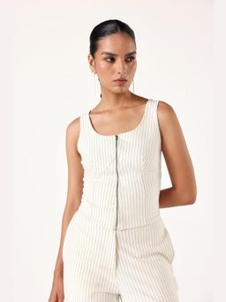 Muvazo - Beige Cotton Blend Stripes Tailored Top