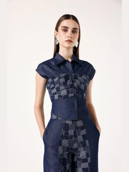 Muvazo - Navy Blue Denim Printed Regular Top