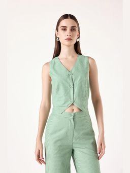 Muvazo - Green Pure Cotton Checks Fitted Top