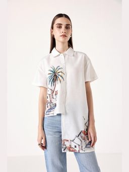 Muvazo - White Linen Printed Relaxed Shirt