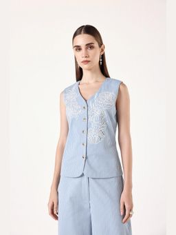 Muvazo - Blue Pure Cotton Stripes Relaxed Top