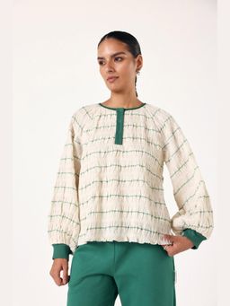 Muvazo - Off White Cotton Lycra Stripes Relaxed Top