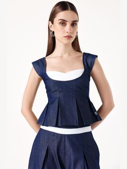 Muvazo - Blue Denim Solidlain Fitted Top