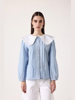 Muvazo - Blue Pure Cotton Checks Relaxed Shirt
