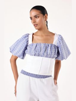 Muvazo - Blue Cotton Blend Printed Fitted Top