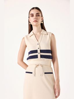 Muvazo - Beige Cotton Colorblock Regular Top