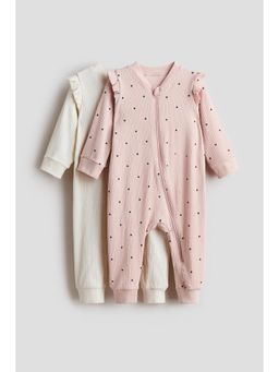 H&M - Girls White 2-Pack Ribbed Cotton Sleepsuits